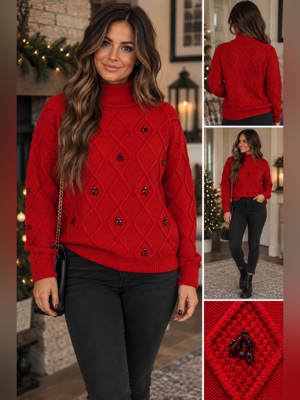 New York & Company Red Jeweled Diamond Knit Turtleneck Sweater Size L Holiday